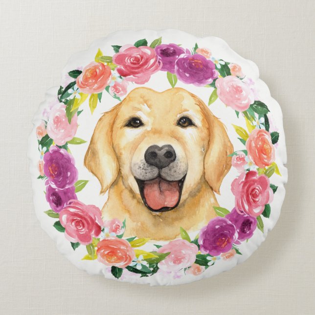 Labrador-Hund mit Blumenwreath-Kissen Rundes Kissen (Vorderseite)