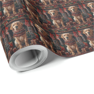 Labrador-Hund mit Weihnachtsgeschenken Kamin Geschenkpapier