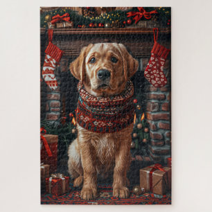 Labrador-Hund mit Weihnachtsgeschenken Kamin Puzzle