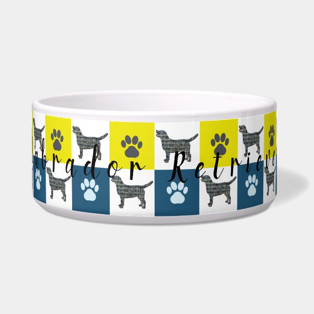 Labrador Hund & Paw Yellow & Blue Grid Bowl Napf (Vorderseite)