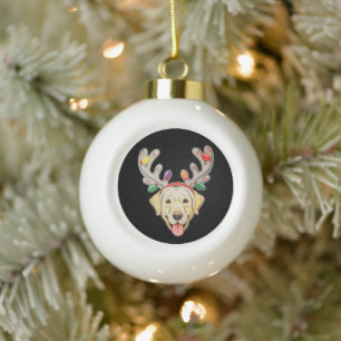 Labrador-Hund-Rentier-Geweih-Weihnachtslichter Keramik Kugel-Ornament