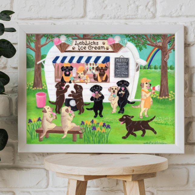 Labrador leckt Eiscreme-Labradore Poster (Lab Licks Ice Cream Shop Poster for Labrador Owners.  Whimsical Labrador Art Print.)