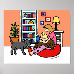 Labrador Mama Reading Cartoon Poster