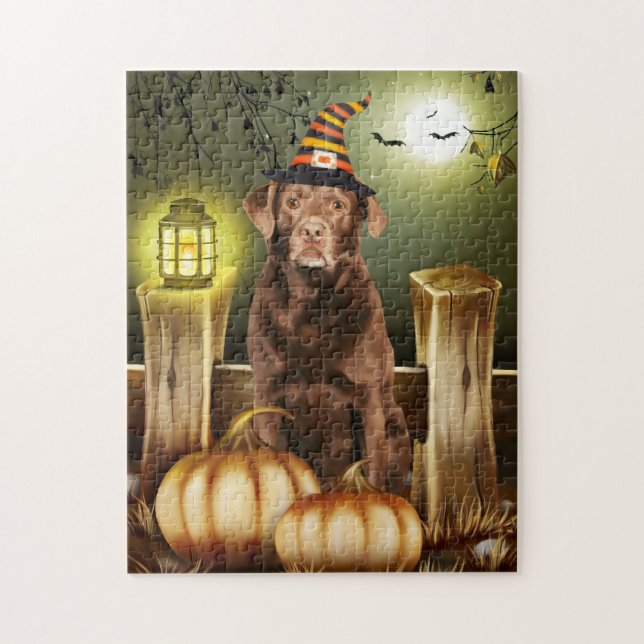 Labrador mit Hexenhut Halloween-Geschenkidee Puzzle (Vertikal)