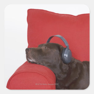 Labrador mit Kopfhörer auf dem Sofa Quadratischer Aufkleber