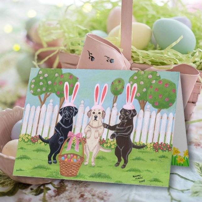 Labrador Oaster Bunnies Feiertagskarte (Labrador Easter Bunnies Greeting Card featuring three labs with Easter Bunny Ears.  Whimsical art.)
