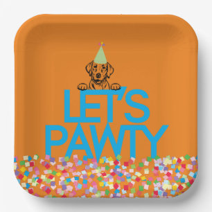 Labrador Party Orange Paper Plate "Lassend PAWTY" Pappteller
