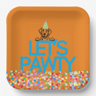 Labrador Party Orange Paper Plate "Lassend PAWTY" Pappteller