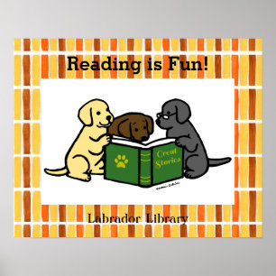 Labrador Puppies Lesen von Cartoon Poster