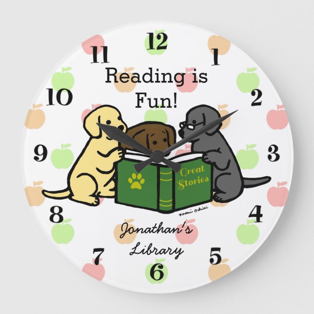 Labrador Puppies Reading Cartoon Große Wanduhr (Vorderseite)