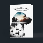 Labrador Retriever Birthday for Son Karte<br><div class="desc">Doppelte Belichtung einer Labrador Retriever Profil Silhouette mit Enten und einer Bergszene abgeschieden auf weißem Hintergrund. Der Text ist bearbeitbar.</div>