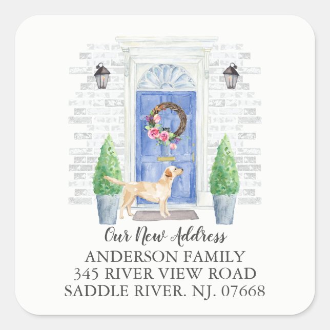 Labrador Retriever Blue Door New Address Label Quadratischer Aufkleber (Vorderseite)
