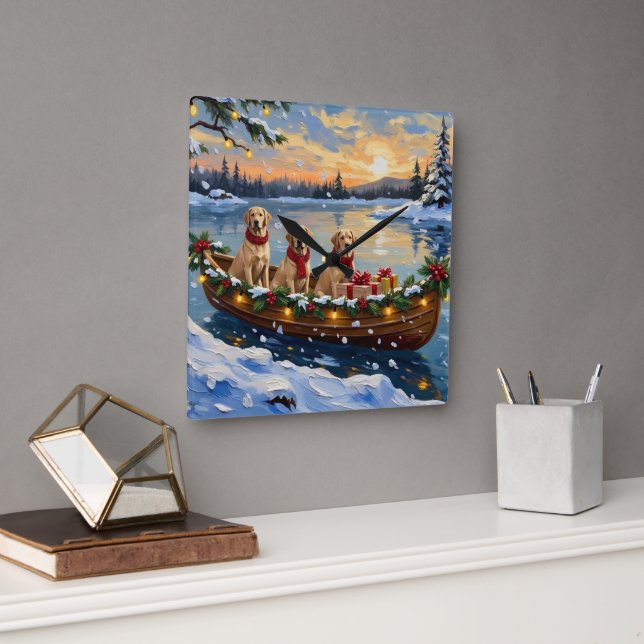 Labrador Retriever Christmas Boat Holiday Quadratische Wanduhr (Büro)