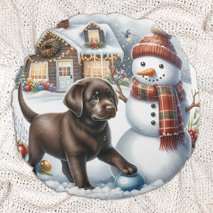 Labrador Retriever Christmas Snowman Puppy Dog Rundes Kissen