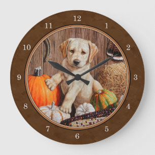 Labrador Retriever Dog & Pumpkins Brown Große Wanduhr
