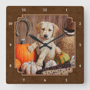 Labrador Retriever Dog & Pumpkins Brown Quadratische Wanduhr