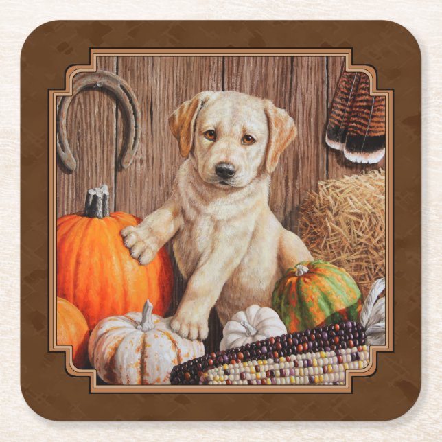 Labrador Retriever Dog & Pumpkins Brown Rechteckiger Pappuntersetzer (Vorderseite)