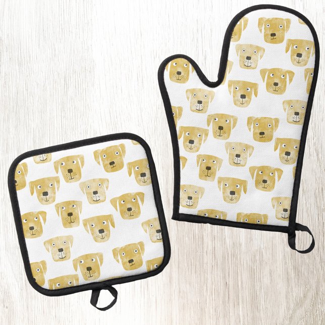 Labrador Retriever Dog Watercolor Ofenhandschuh & Topflappen-Set (Golden yellow Labrador Retriever Dog pattern kitchen oven glove or mitt and pot holder)