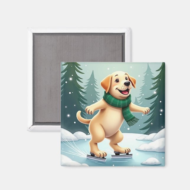 Labrador Retriever Eislaufen Weihnachtsbild Magnet (Vorderseite/Rückseite)