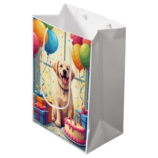 Labrador Retriever Geburtstagsfeier Mittlere Geschenktüte (Vorderseite Schrägansicht)