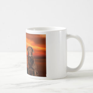 Labrador Retriever Hund sitzend neben Sonnenunterg Kaffeetasse