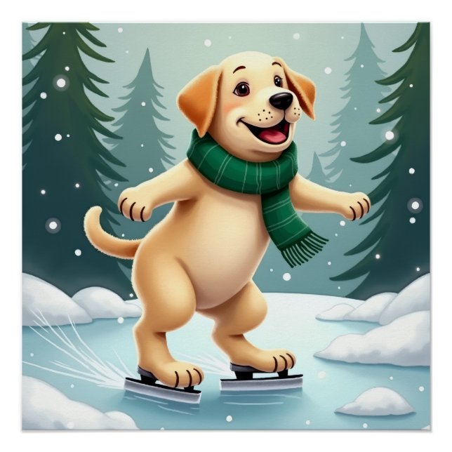 Labrador Retriever Ice Skating Christmas Painting Poster (Vorderseite)
