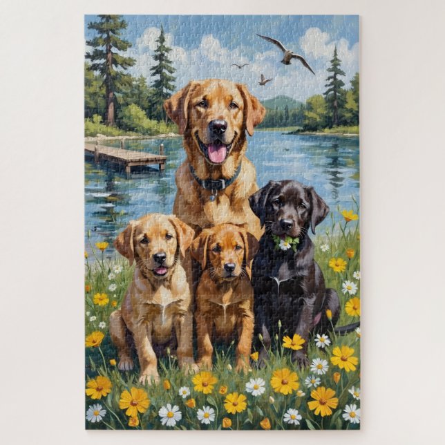 Labrador Retriever Lakeside Wiesen Kunst Puzzle (Vertikal)