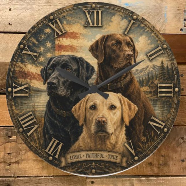  Labrador Retriever Rustic American Flag  Große Wanduhr (Von Creator hochgeladen)