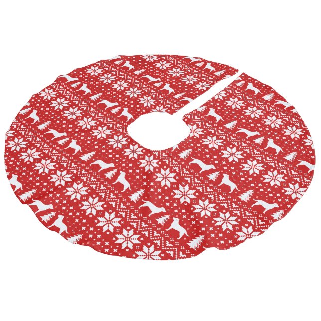 Labrador-Retriever-Silhouette-Muster-Rot Leinenimitat Weihnachtsbaumdecke (Schrägansicht)