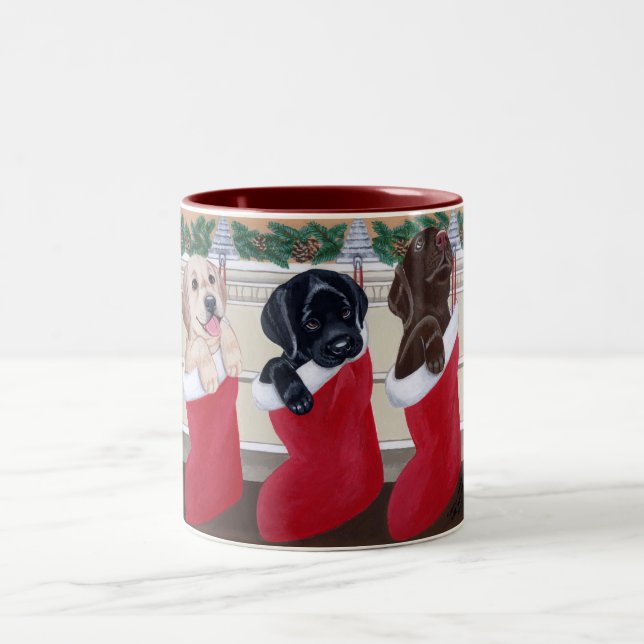 Labrador retriever-Welpen-Weihnachtsmalerei Zweifarbige Tasse (Mittel)