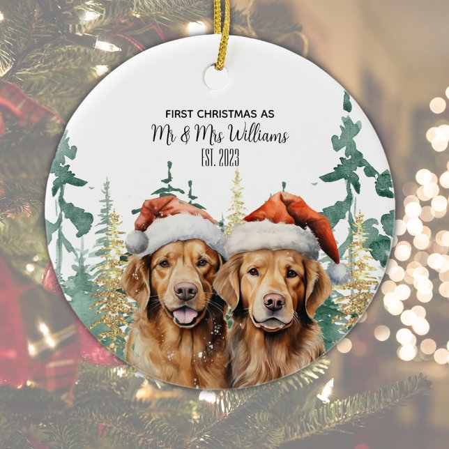 Labrador Retrievers Couple Monogram Name Christmas Keramik Ornament (1st Christmas married keepsake for dog lovers. Personalize as required.  
)