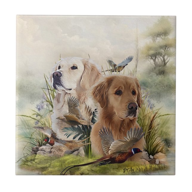 Labrador Retrievers mit Fasan,Kunst Fliese (Vorderseite)