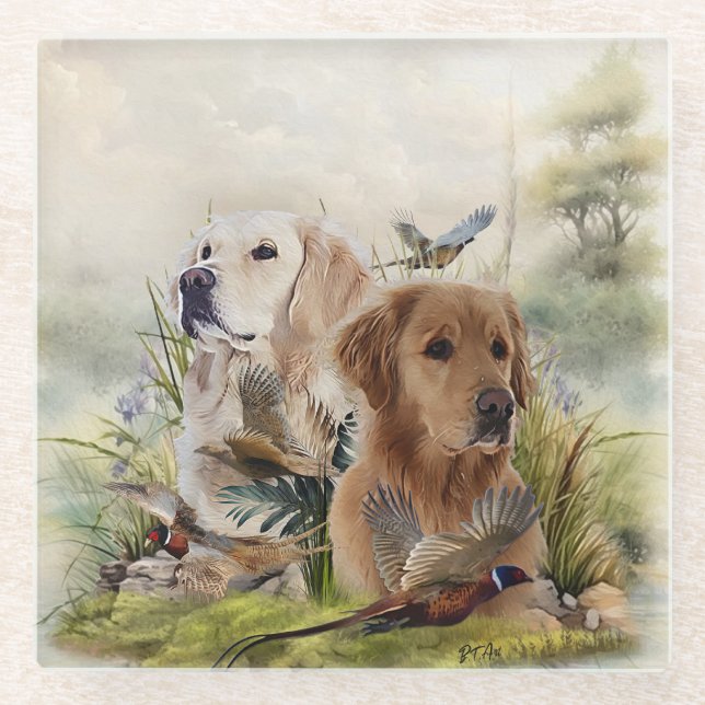 Labrador Retrievers mit Fasan,Kunst Glasuntersetzer (Vorderseite)