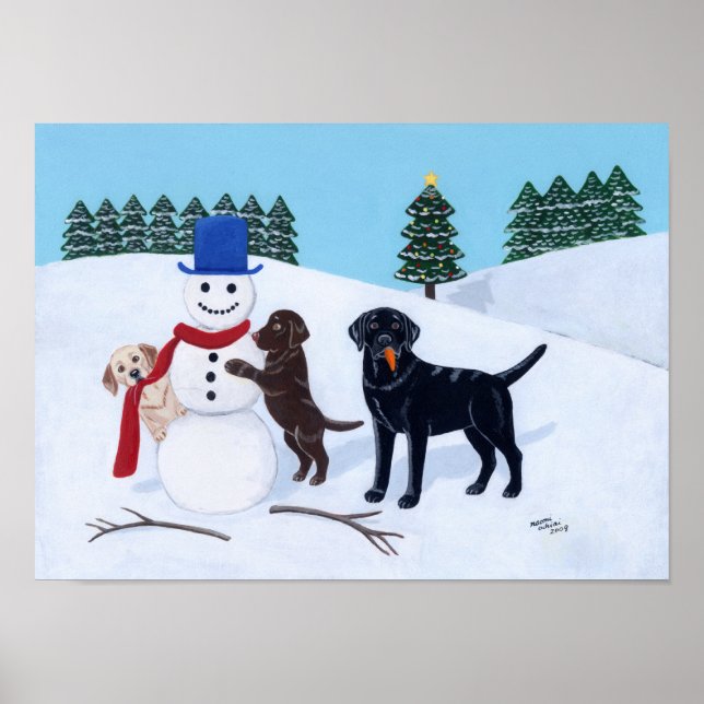 Labrador Weihnachten mit Snowman Artwork Poster (Vorne)