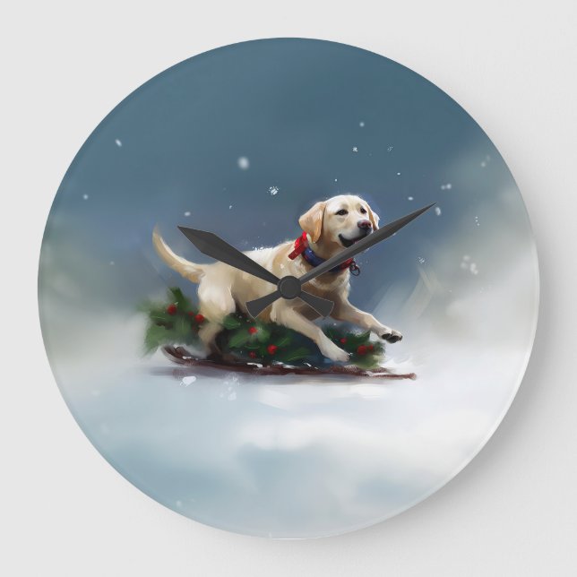 Labrador Weihnachtsschnee Winter Große Wanduhr (Vorderseite)
