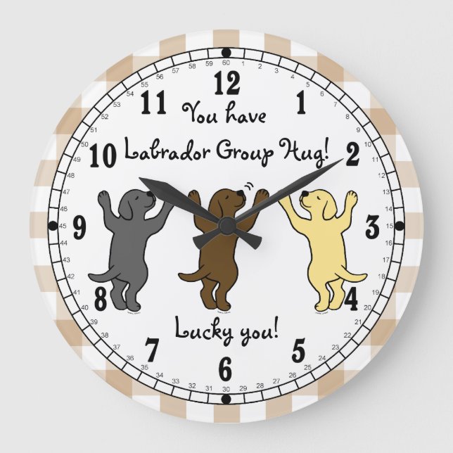 Labrador-Welpen-Gruppen-Umarmung Große Wanduhr (Vorderseite)