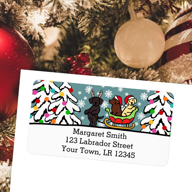 Labrador Welpen und Sleigh Christmas Labels Adressaufkleber (Labrador Puppies and Sleigh Cartoon Design Christmas Return Address Labels for Labrador Owners.)