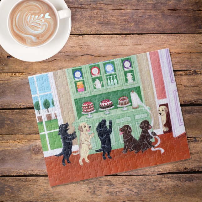 Labradorpuppen Puzzle (Cupboard Labrador Puppies Jigsaw Puzzle featuring Lab Puppies in action in the kitchen.  )