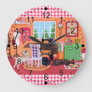 Labradors in der nähende Raum-der Malerei der Mam Große Wanduhr