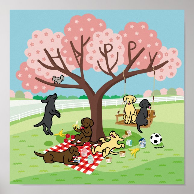 Labradors und Happy Cherry Blossom Poster (Vorne)