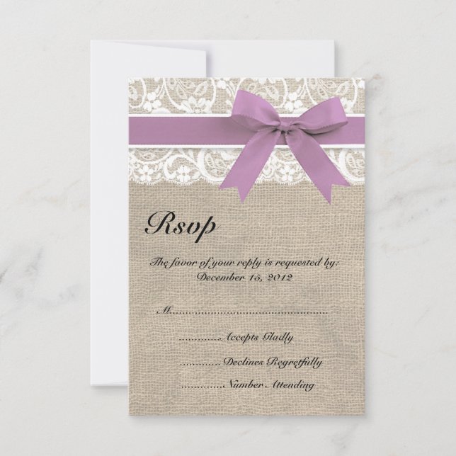 Lace and Burlap Look Olive RSVP Card Lila (Vorderseite)