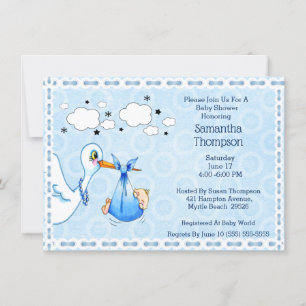 Lace Blue Stork Baby Boy Dusche Einladung