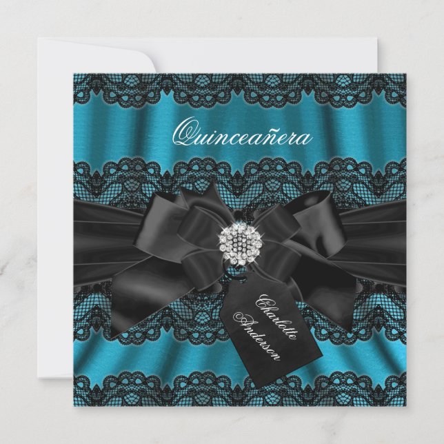 Lace & Bow Aquamarin Black Quinceanera Party laden Einladung (Vorderseite)