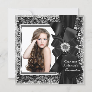 Lace & Bow Silber Schwarze Quinceanera Party Einla Einladung