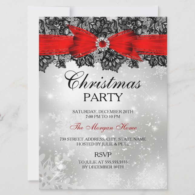 Lace Bow Silver Red Christmas Holiday Einladung (Vorderseite)