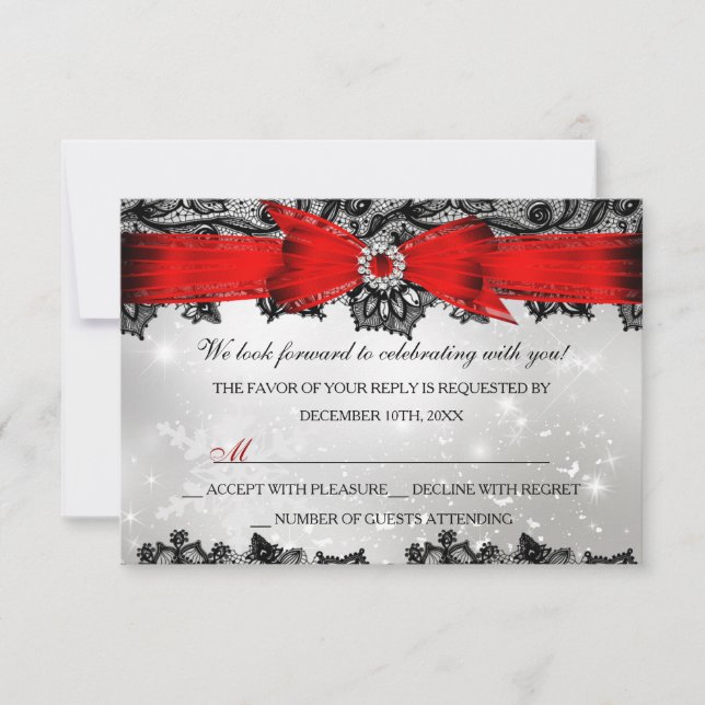 Lace & Bow Silver Red Christmas Holiday UAWG RSVP Karte (Vorderseite)