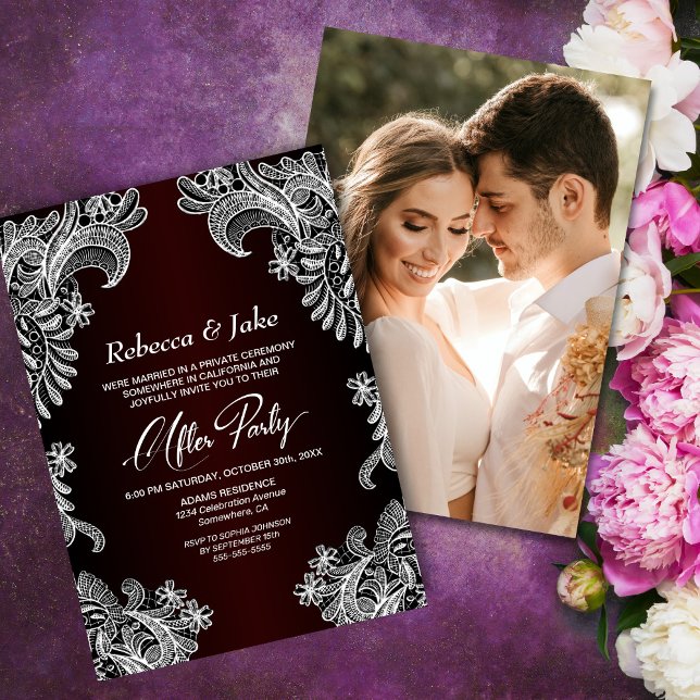 Lace Burgundy Custom Foto Wedding After Party Einladung (Von Creator hochgeladen)