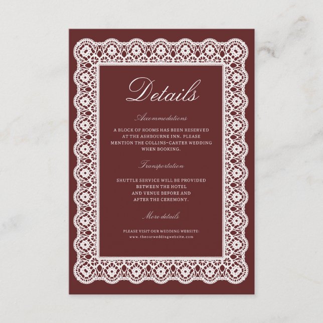 Lace Burgundy Wedding Details Enclosure Card Begleitkarte (Vorderseite)