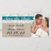 Lace & Burlap Look Save the Date - Türkis