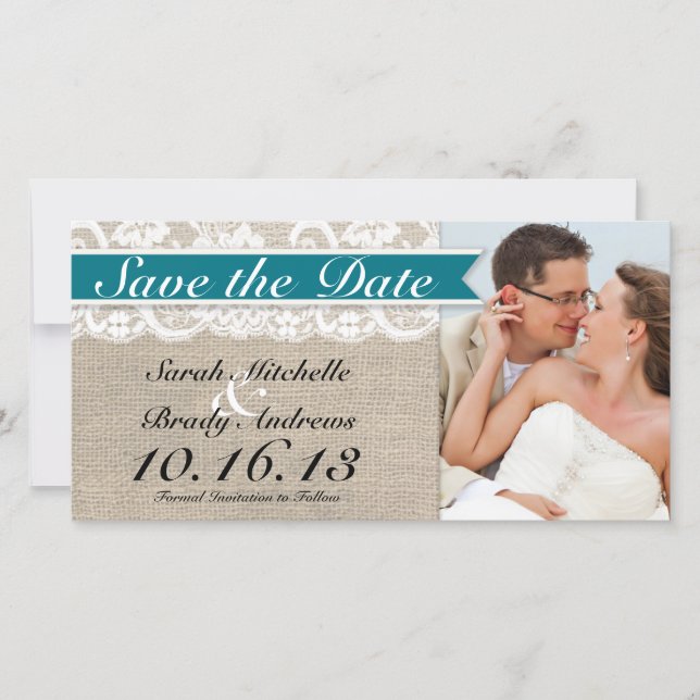 Lace & Burlap Look Save the Date - Türkis (Vorderseite)